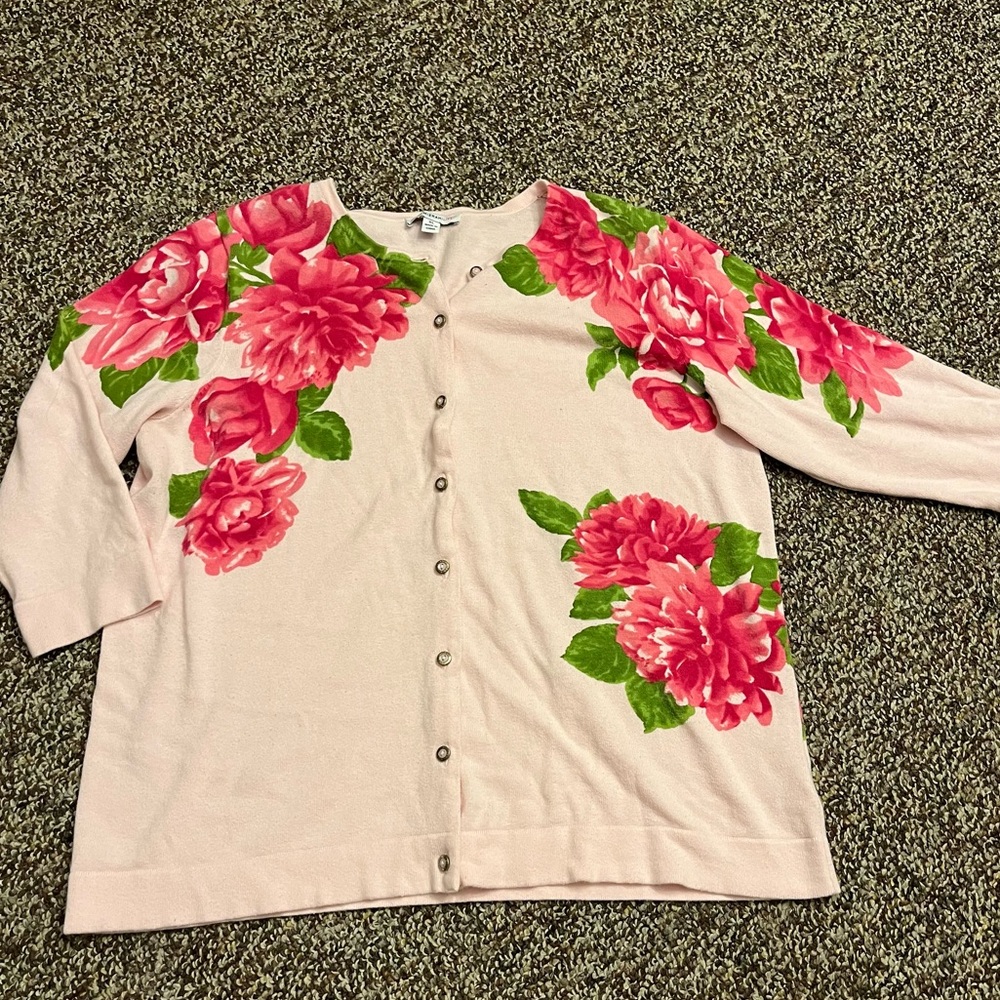 Isaac Mizrahi Pink Cardigan Floral Accents